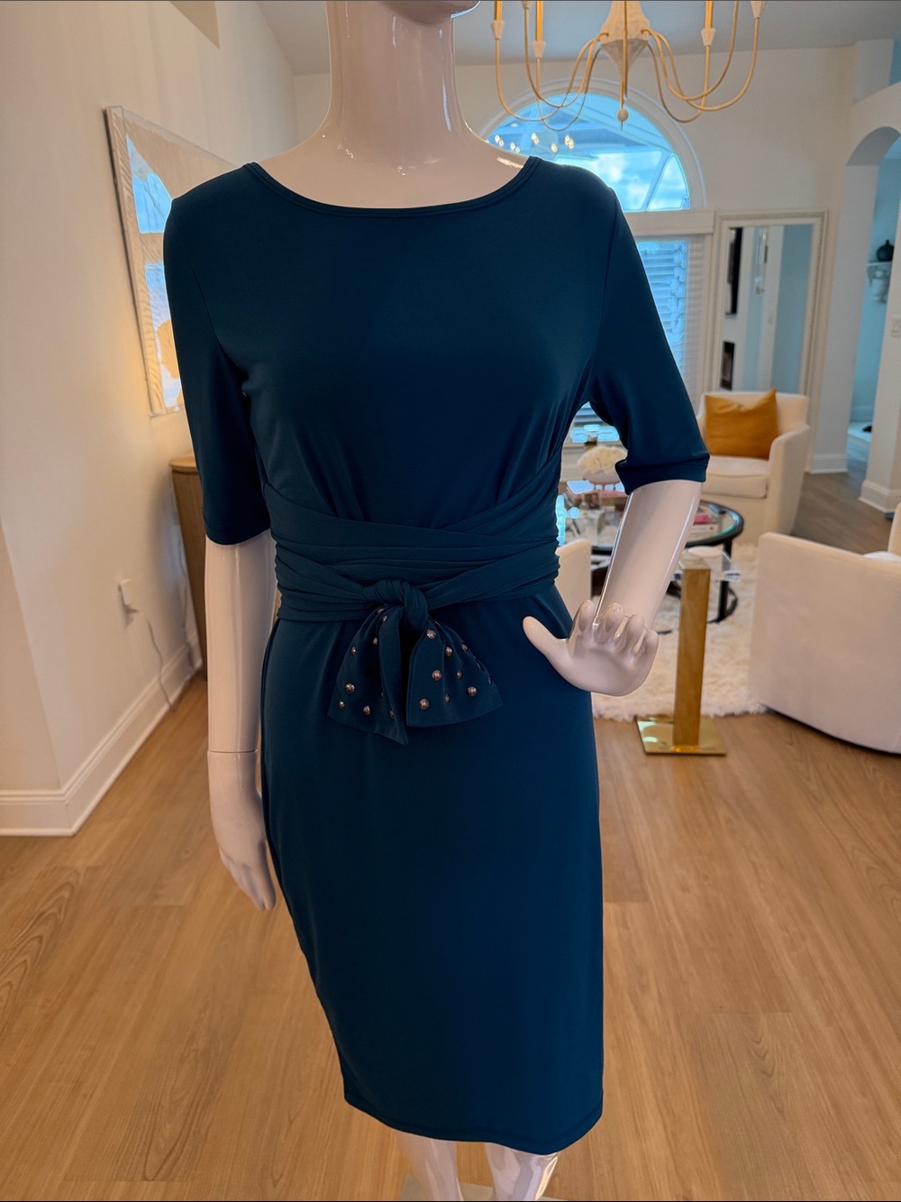 Elegant Teal Sheath Dress with Knot Waist